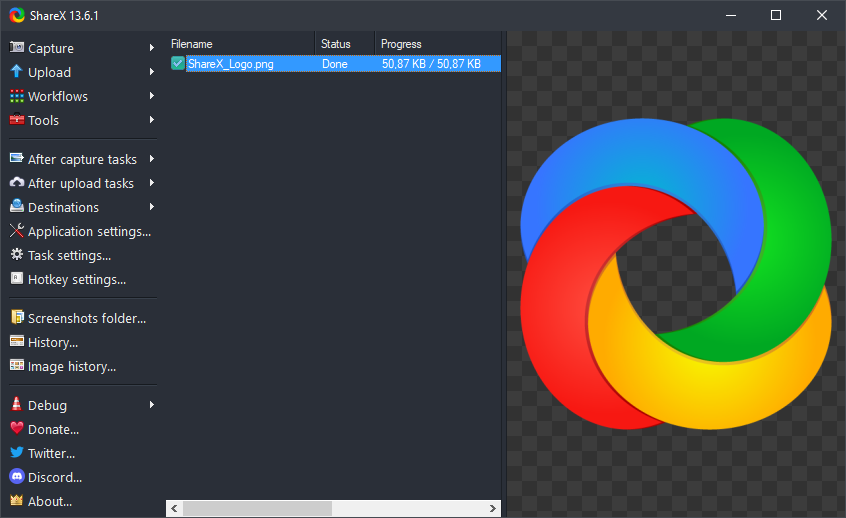 ShareX main window showing the list of recent tasks and captures