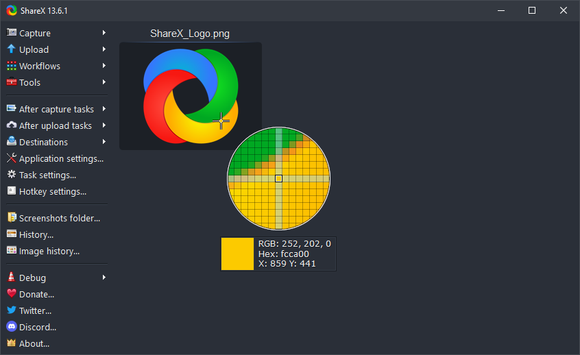 ShareX screen color picker tool sampling colors from the display